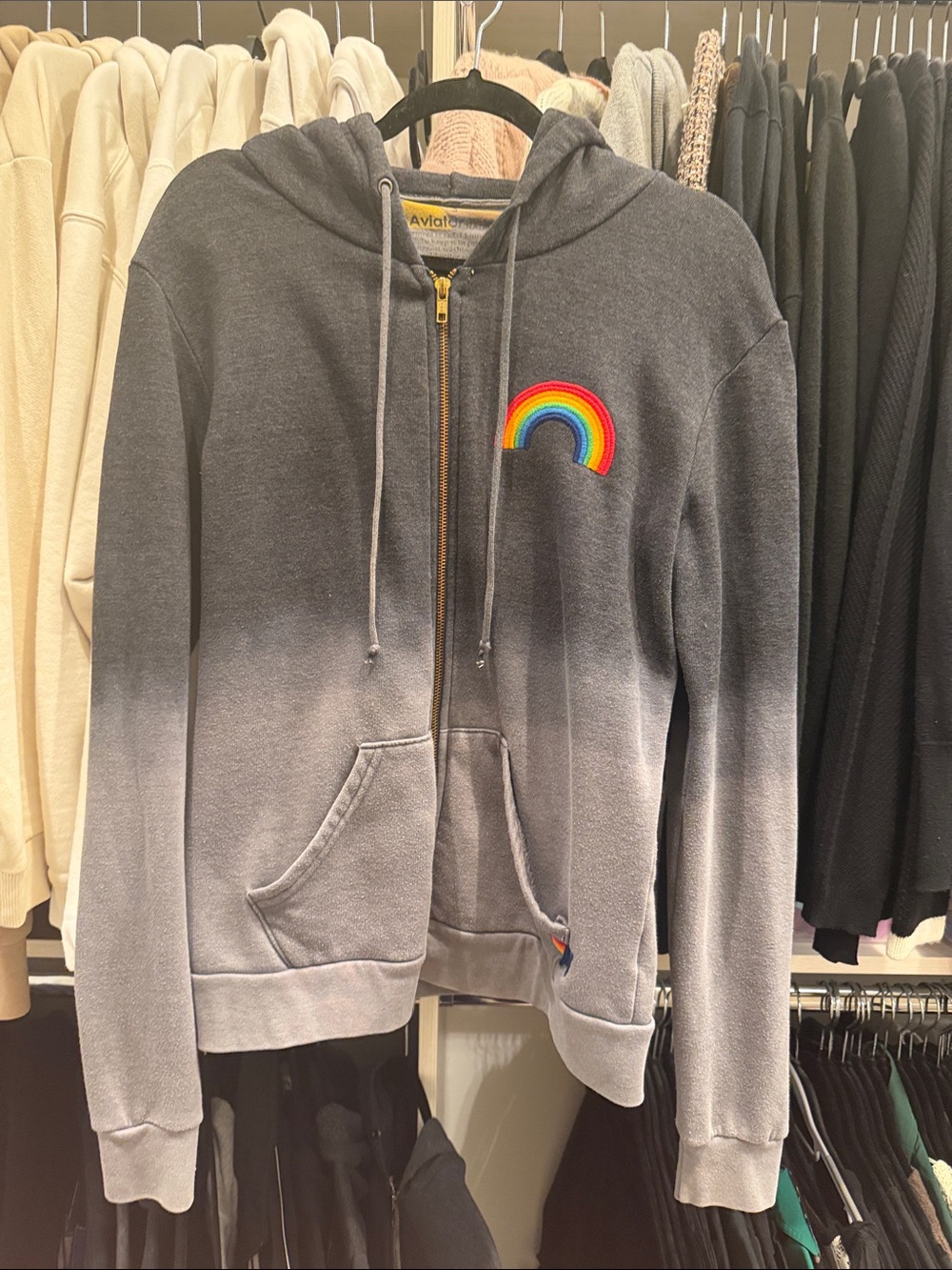 Aviator Nation Grey Ombre Zip Hoodie size Small with Rainbow Patch